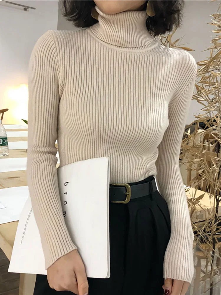 Damski sweter golf z dzianiny w stylu koreańskim Beżowy