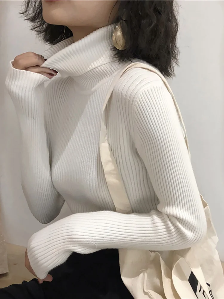 Damski sweter golf z dzianiny w stylu koreańskim Biały