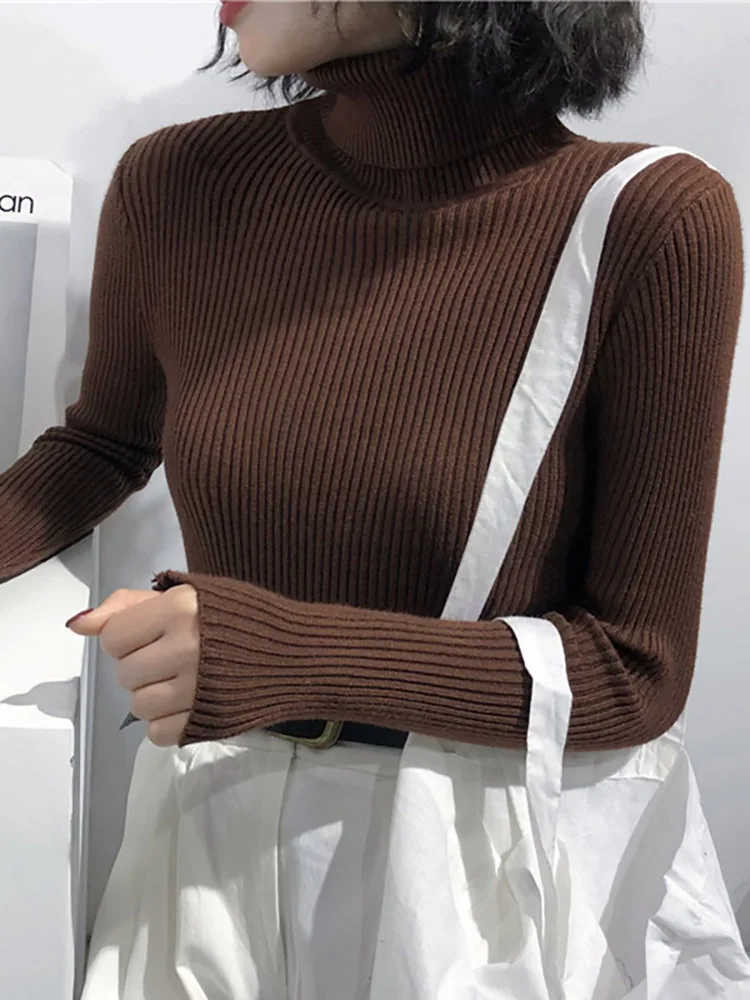 Damski sweter golf z dzianiny w stylu koreańskim Brązowy