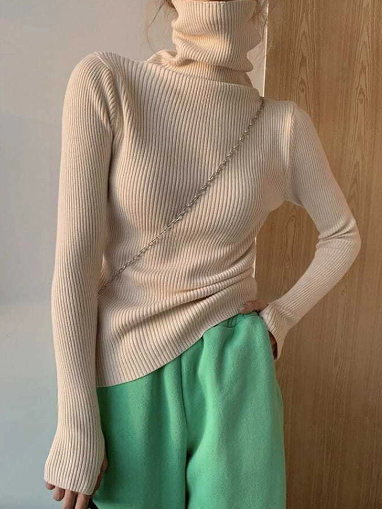 Damski sweter golf z dzianiny w jednolitym kolorze Beżowy