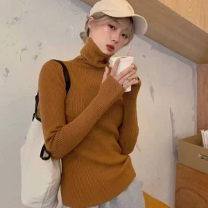 Damski sweter golf z dzianiny w jednolitym kolorze Caramel