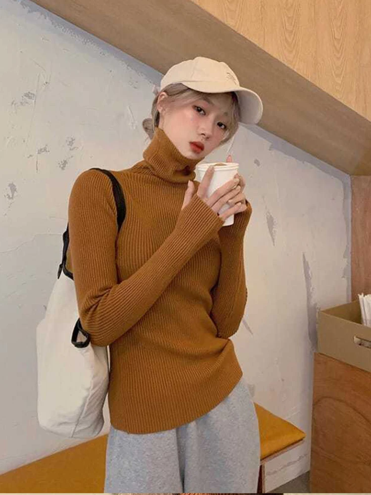 Damski sweter golf z dzianiny w jednolitym kolorze Caramel