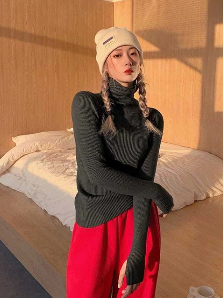 Damski sweter golf z dzianiny w jednolitym kolorze Czarny