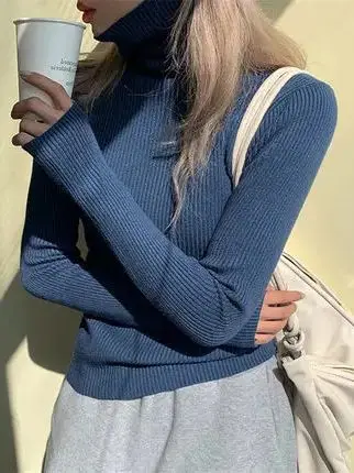 Damski sweter golf z dzianiny w jednolitym kolorze Niebieski