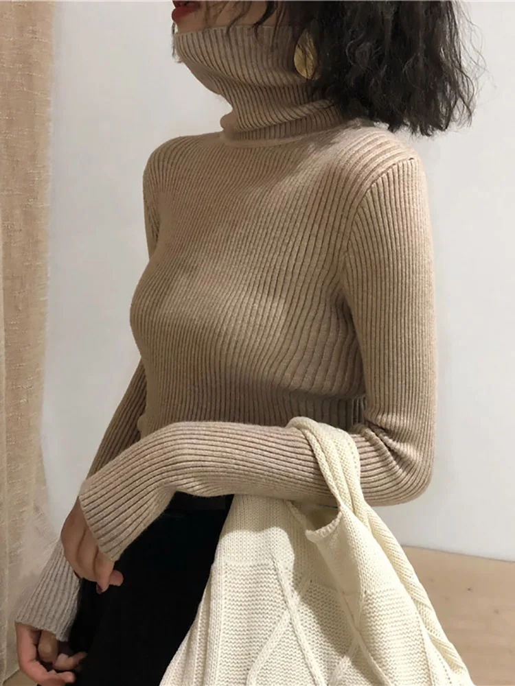 Damski sweter golf z dzianiny w stylu koreańskim Khaki