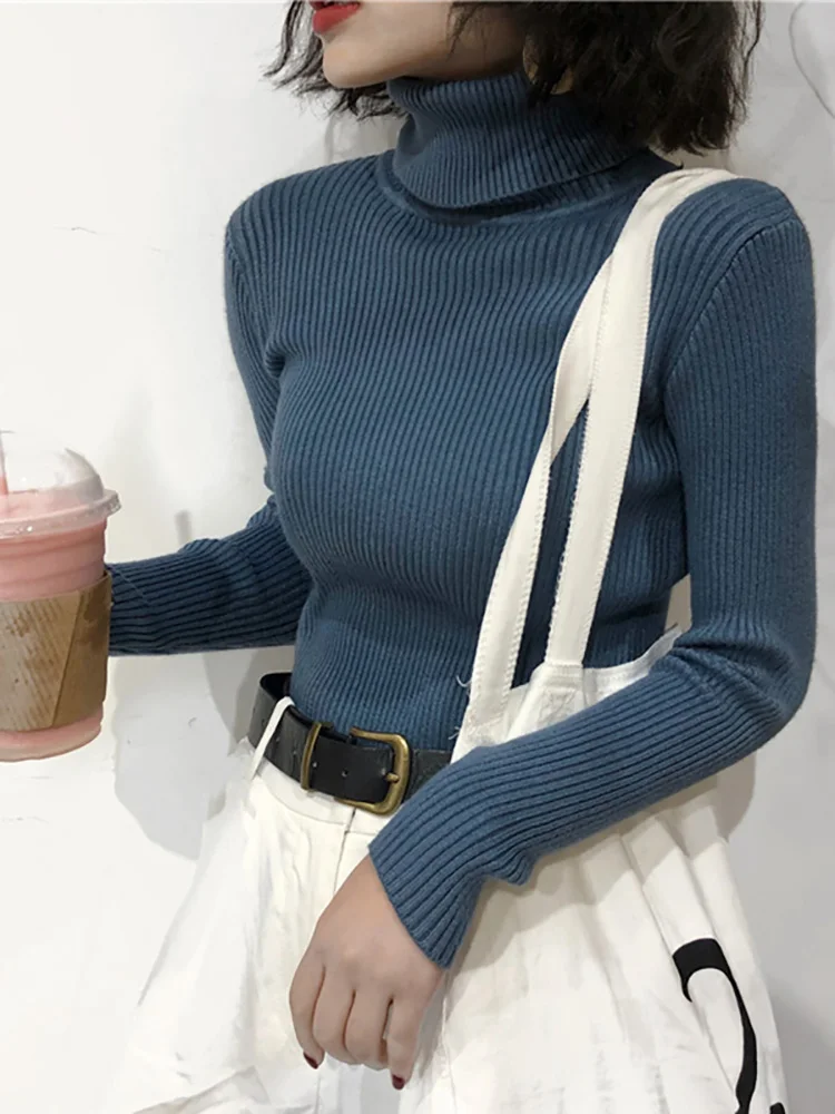 Damski sweter golf z dzianiny w stylu koreańskim Niebieski