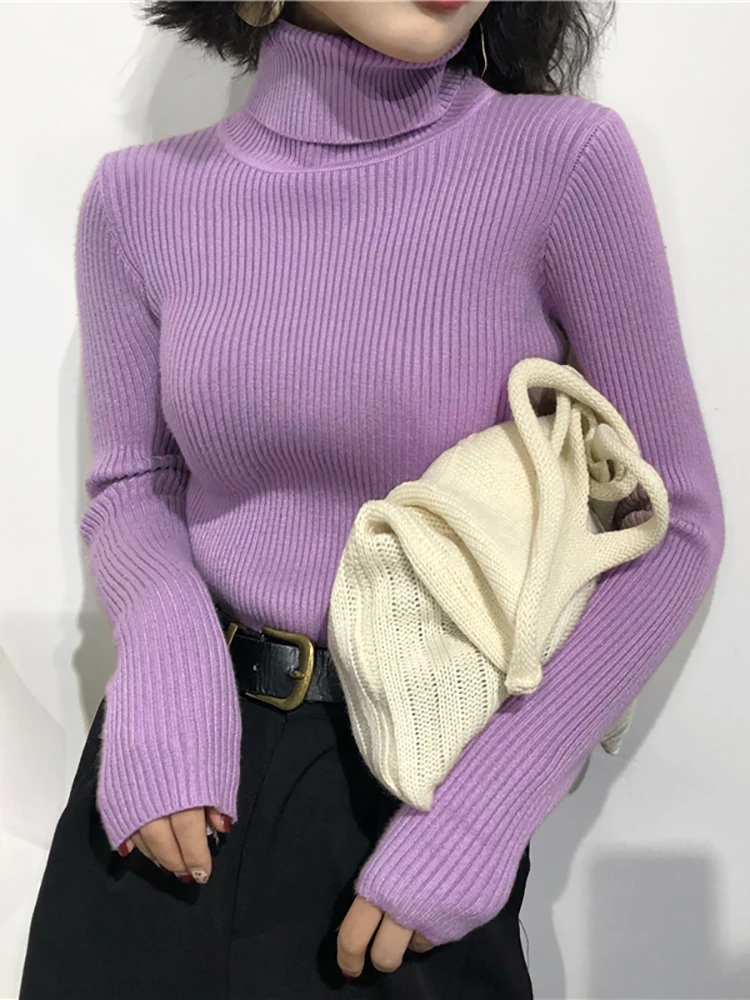 Damski sweter golf z dzianiny w stylu koreańskim Fioletowy