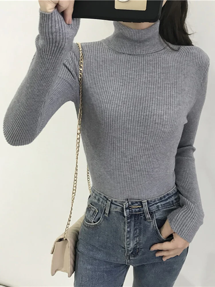 Damski sweter golf z dzianiny w stylu koreańskim Szary