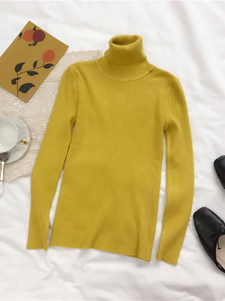 Damski sweter golf z dzianiny w stylu koreańskim żółty