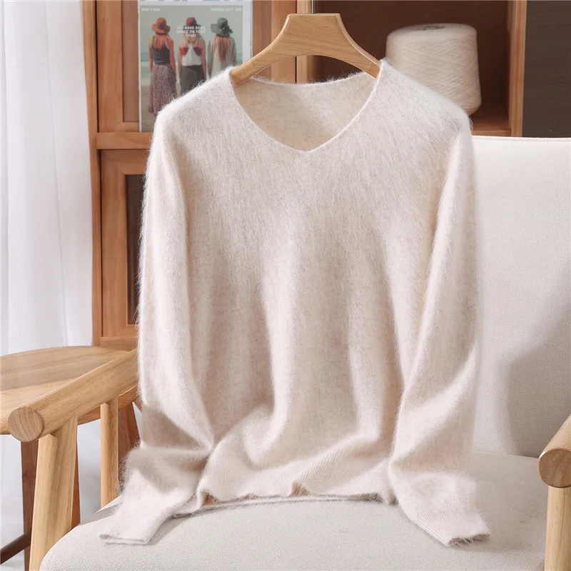 Damski sweter kaszmirowy z dekoltem w serek Camelowy