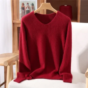 Damski sweter kaszmirowy z dekoltem w serek Rdzawy