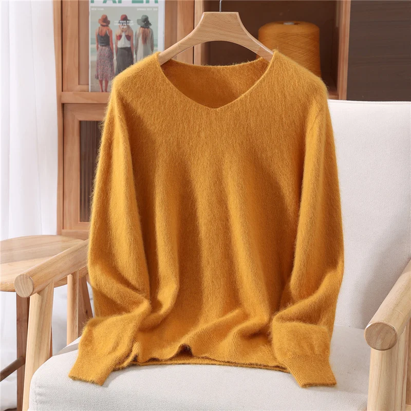 Damski sweter kaszmirowy z dekoltem w serek Turmeric