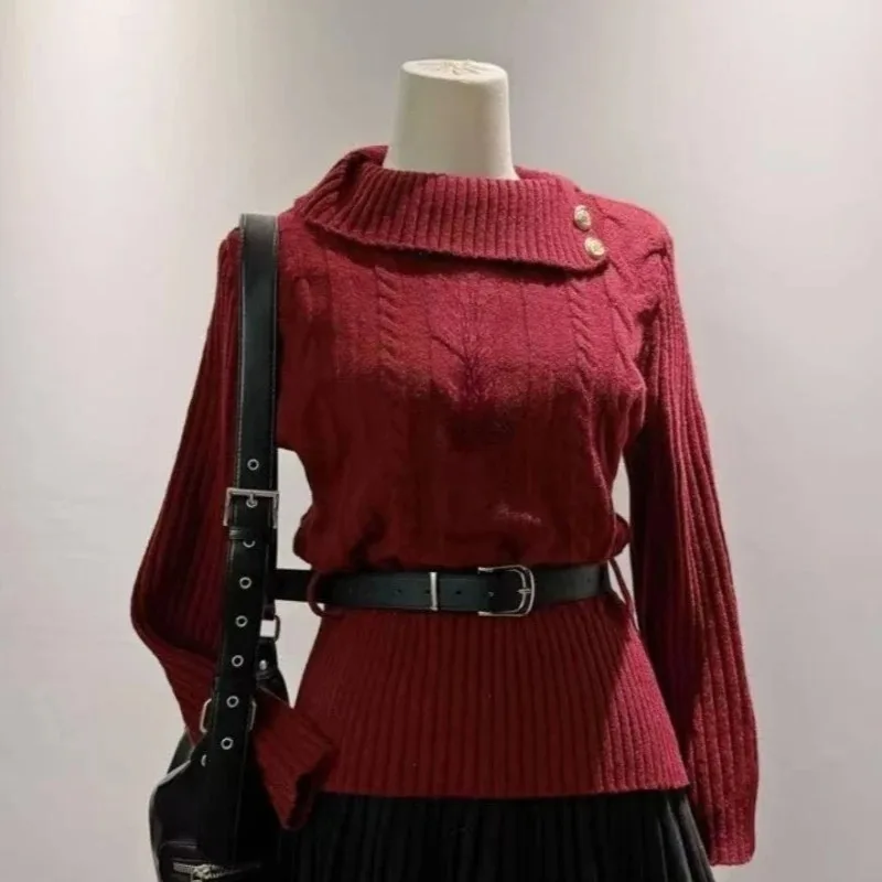 Damski sweter z kokardą w stylu Y2K 1285 czerwony sweter