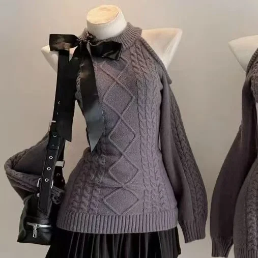 Damski sweter z kokardą w stylu Y2K 2512 szary sweter