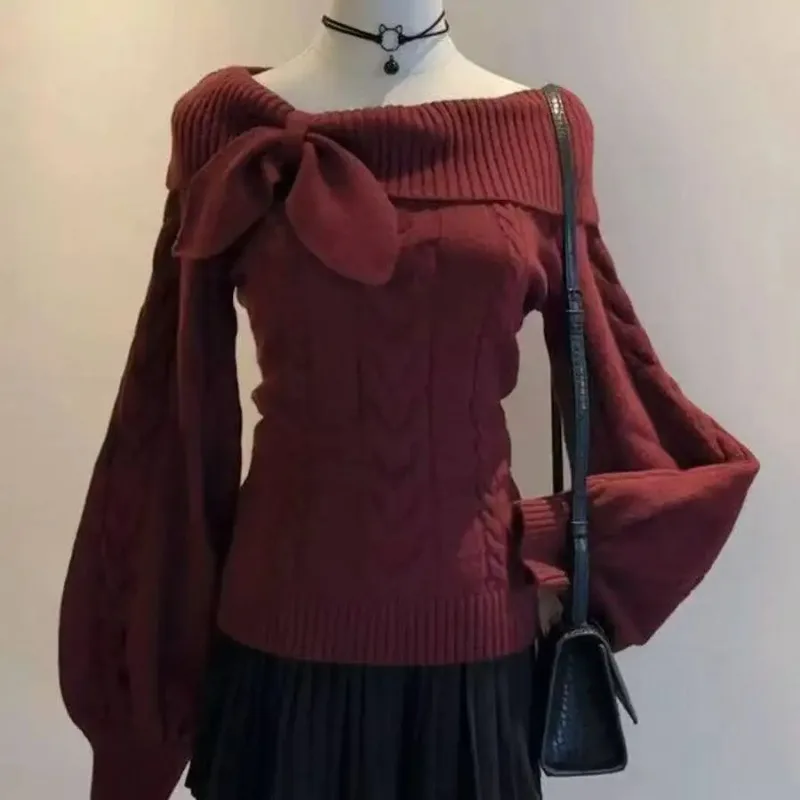 Damski sweter z kokardą w stylu Y2K 4655 czerwony sweter
