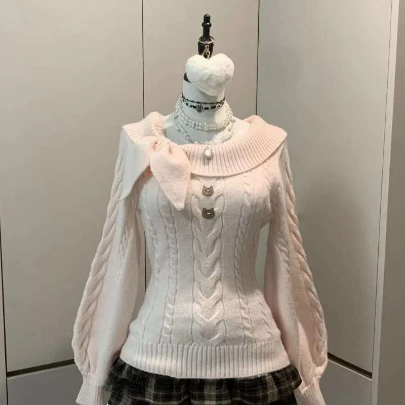 Damski sweter z kokardą w stylu Y2K 4655 różowy sweter