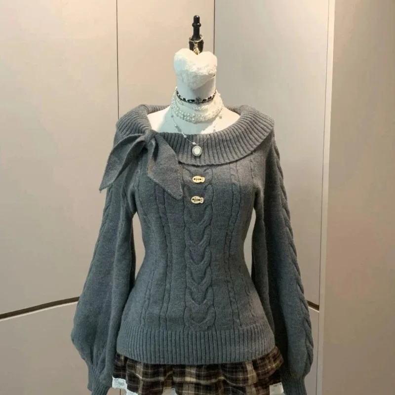 Damski sweter z kokardą w stylu Y2K 4655 szary sweter