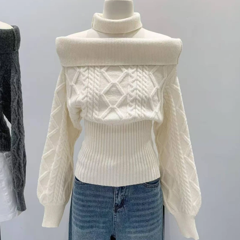 Damski sweter z kokardą w stylu Y2K 4756 beżowy biały