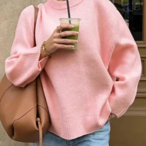 Damski sweter oversize z golfem z dzianiny Różowy