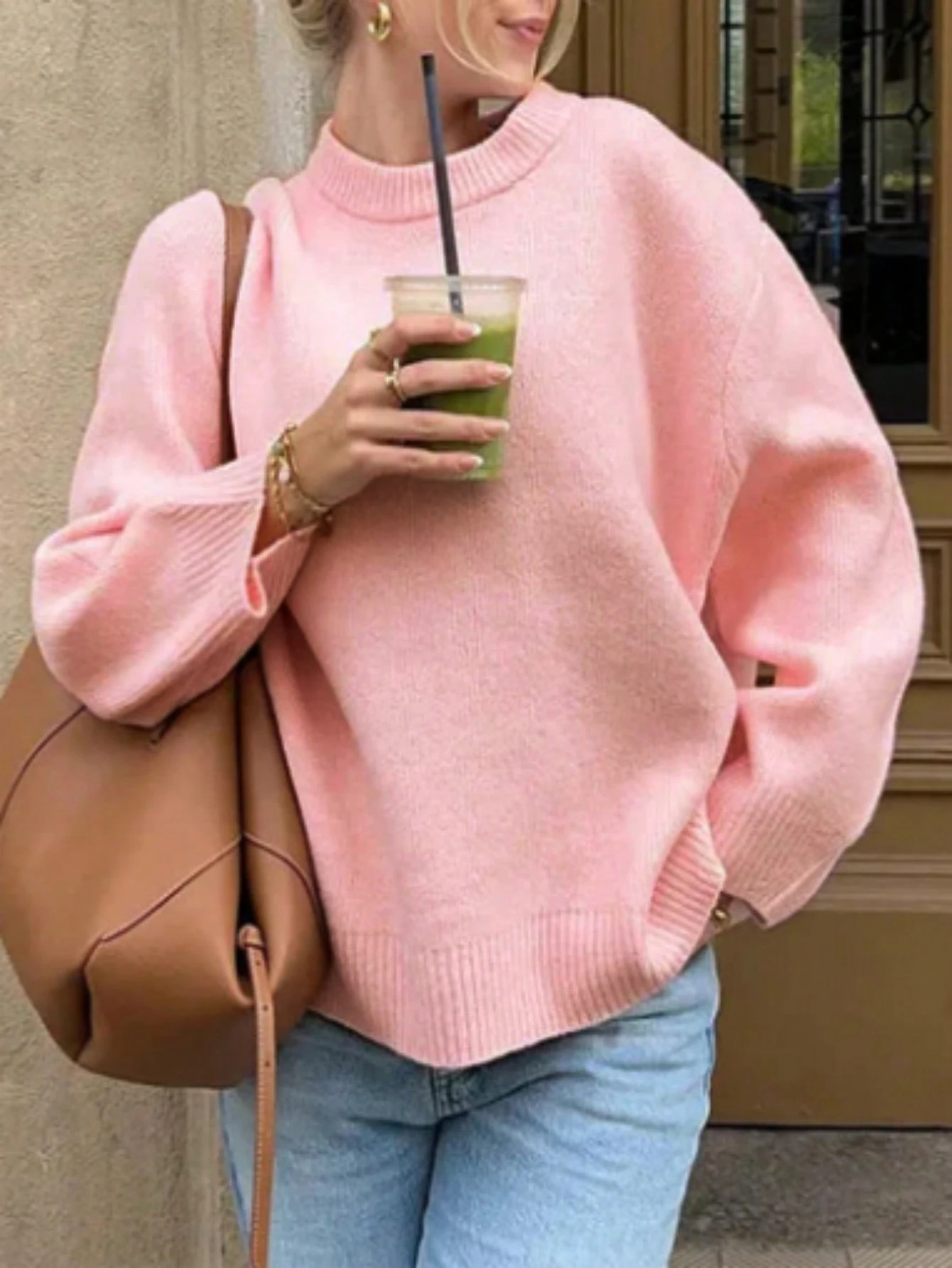 Damski sweter oversize z golfem z dzianiny Różowy