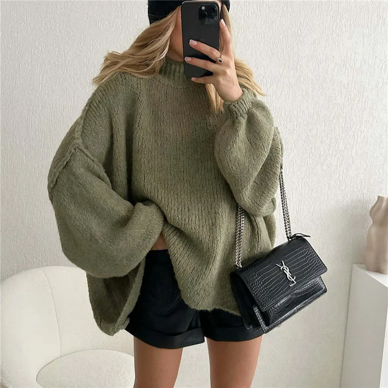 Damski sweter oversize z golfem grube dzianiny A