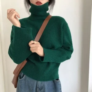 Damski sweter oversize z golfem w stylu vintage Zielony