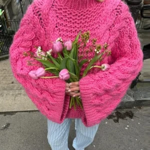 Damski gruby sweter oversize z grubym splotem Róża czerwona