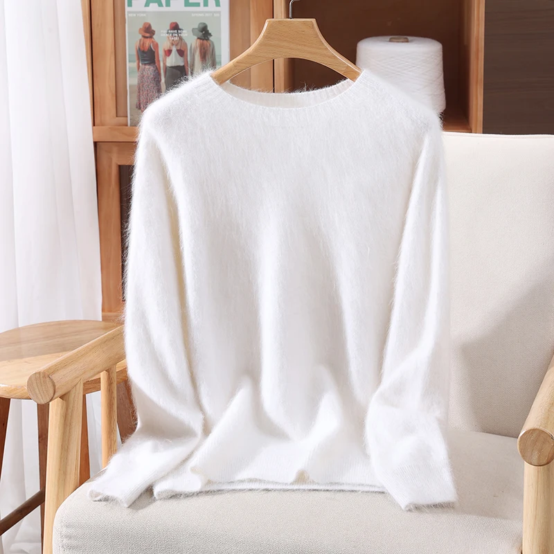 Damski sweter oversize z kaszmirem i okrągłym dekoltem Biały