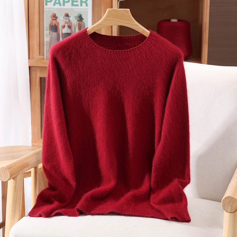 Damski sweter oversize z kaszmirem i okrągłym dekoltem Czerwony