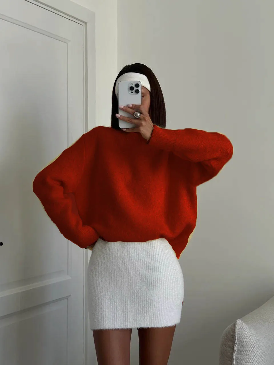 Damski sweter oversize z okrągłym dekoltem Czerwony