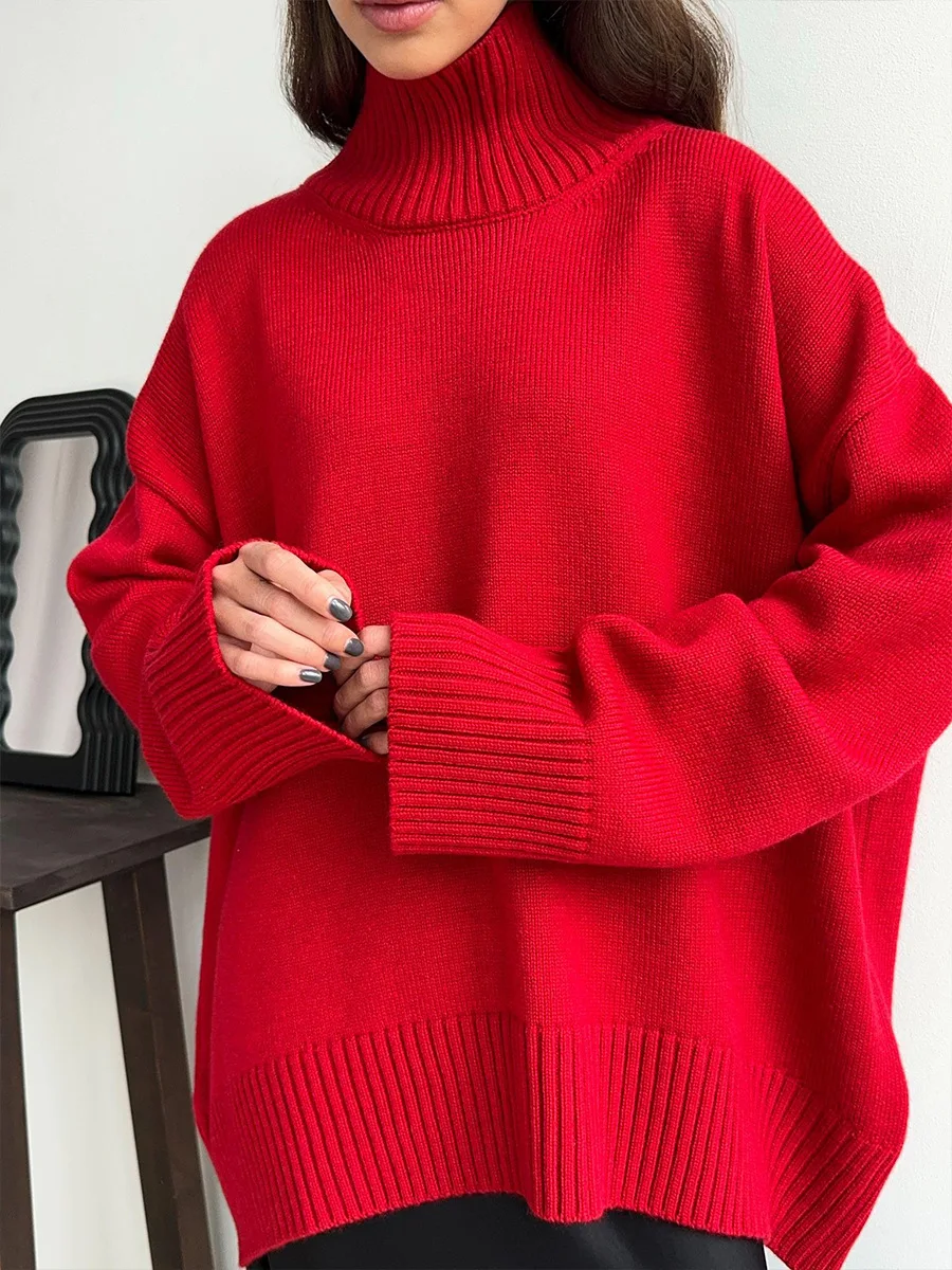 Damski sweter oversize z golfem Czerwony