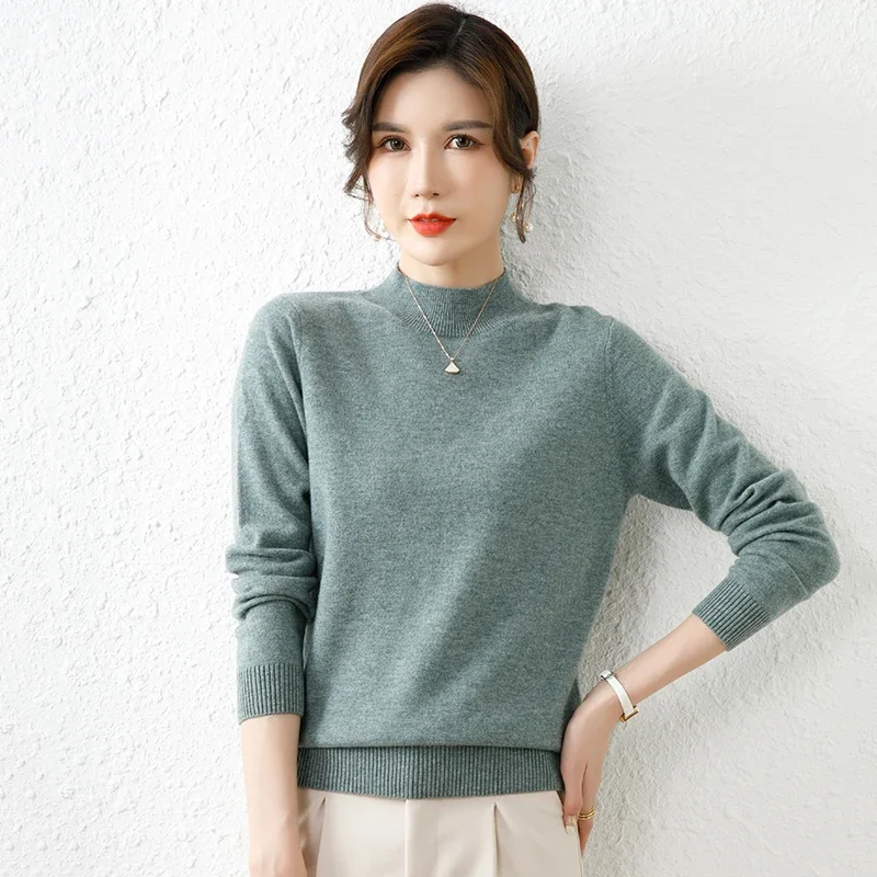 Damski sweter z półgolfem - dzianinowy pulower w stylu vintage Zielony miętowy