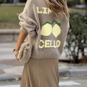 Damski sweter rozpinany z bufiastymi rękawami Khaki
