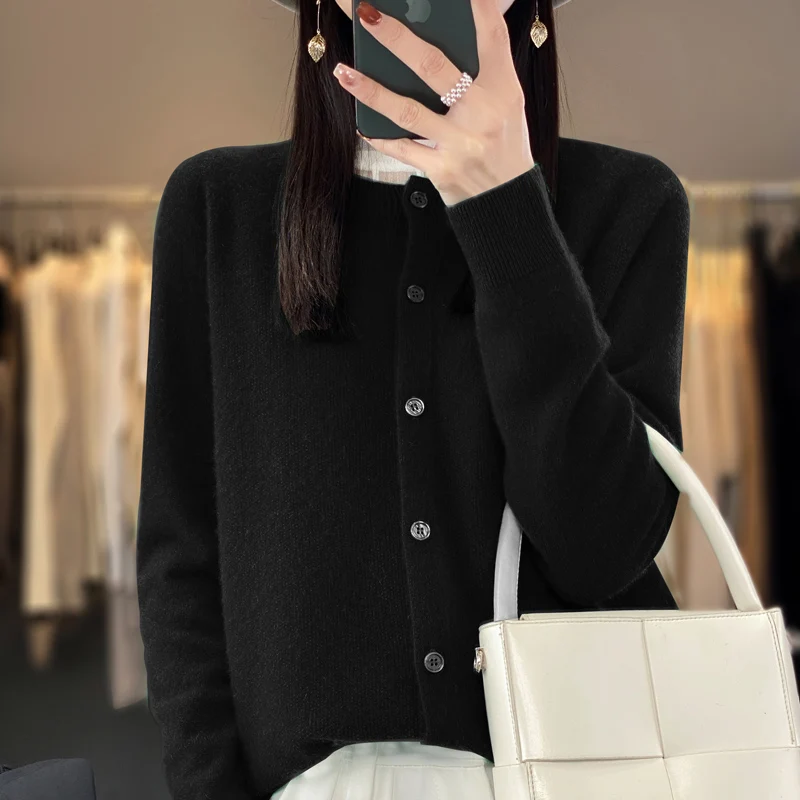 Damski sweter rozpinany z wełny merynosów z długim rękawem Czarny