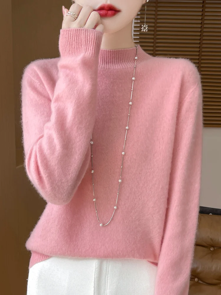 Damski sweter z wełny merino – ciepły golf basic Różowy