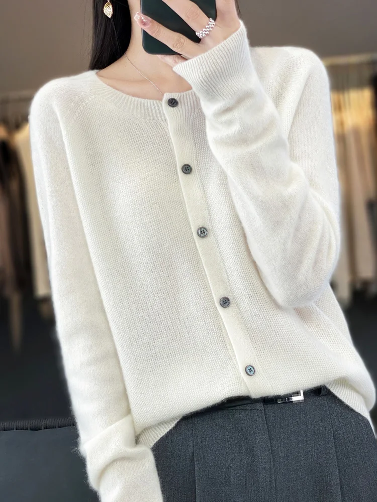 Damski sweter z wełny merino z okrągłym dekoltem, na wiosnę i jesień Biały