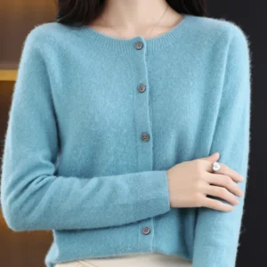 Damski sweter z wełny merino z okrągłym dekoltem, na wiosnę i jesień Błękitny
