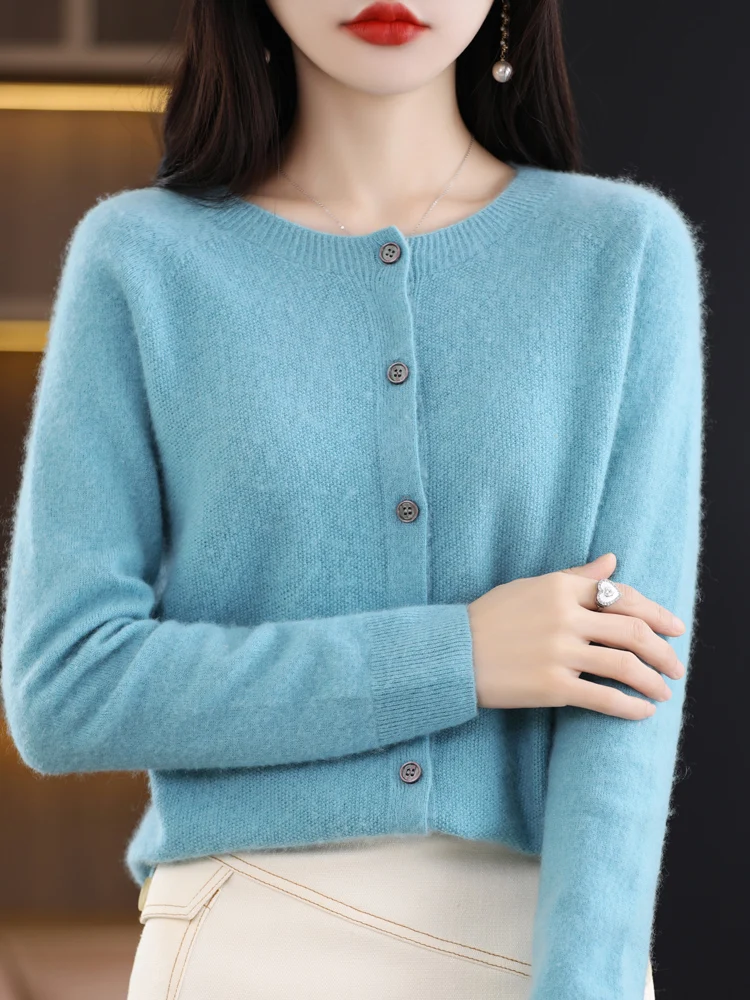 Damski sweter z wełny merino z okrągłym dekoltem, na wiosnę i jesień Błękitny