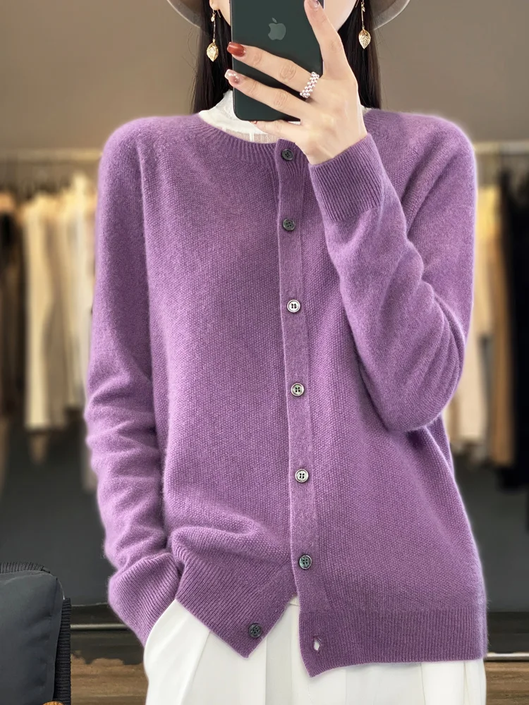 Damski sweter z wełny merino z okrągłym dekoltem, na wiosnę i jesień Fioletowy