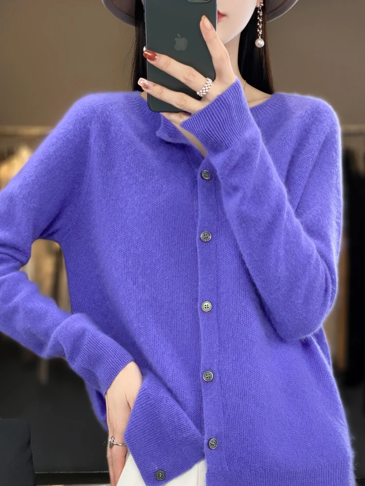 Damski sweter z wełny merino z okrągłym dekoltem, na wiosnę i jesień Huablue