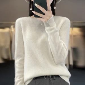 Damski sweter z wełny merino z długim rękawem Biały