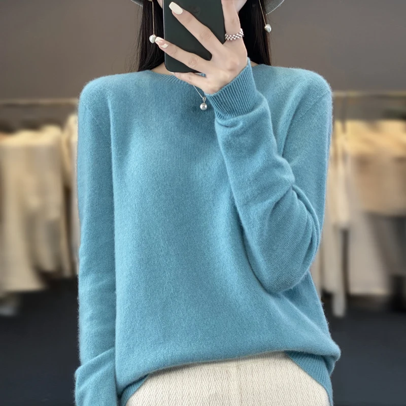 Damski sweter z wełny merino z długim rękawem Jezioro błękitne