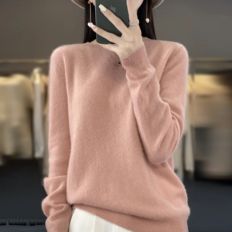 Damski sweter z wełny merino z długim rękawem Różowy