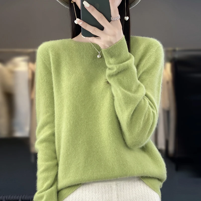 Damski sweter z wełny merino z długim rękawem Zielony