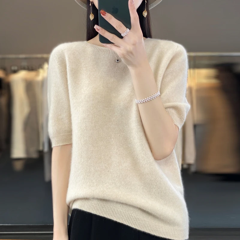 Damski sweter z wełny merino z okrągłym dekoltem Beżowy