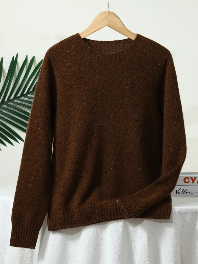 Damski sweter z wełny merino z okrągłym dekoltem Ciemny brąz