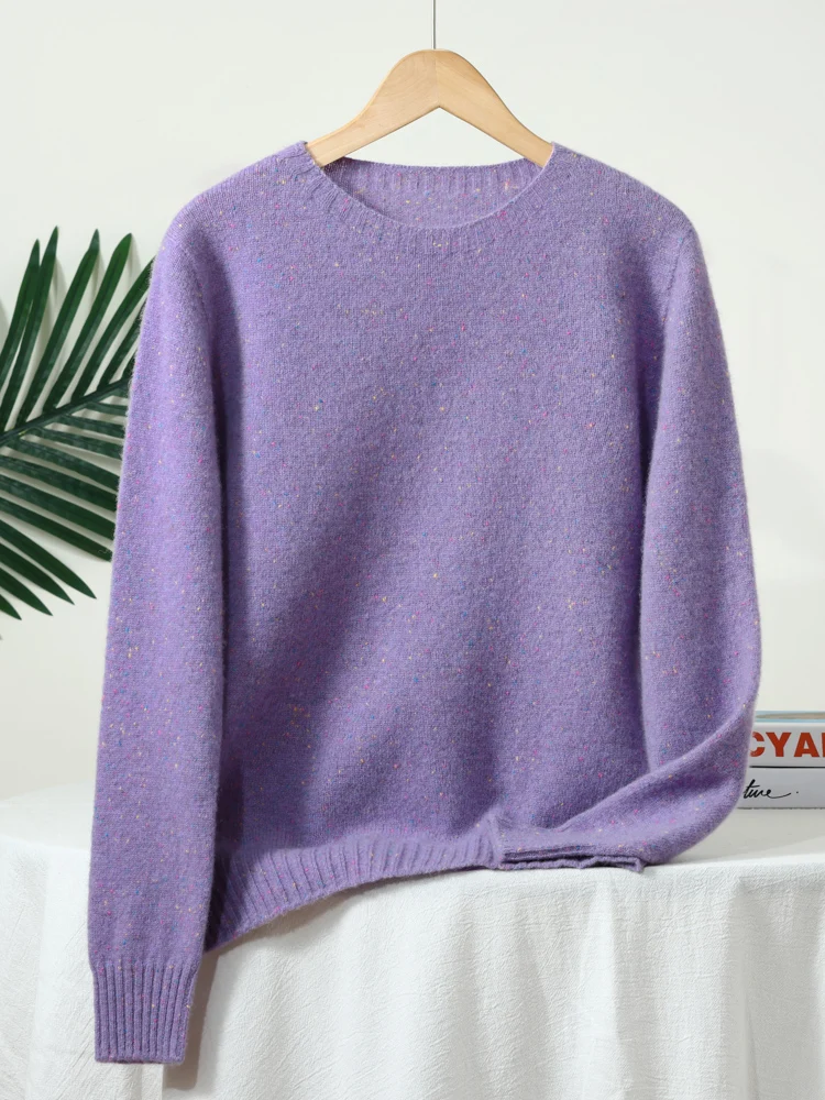 Damski sweter z wełny merino z okrągłym dekoltem Fiolet taro