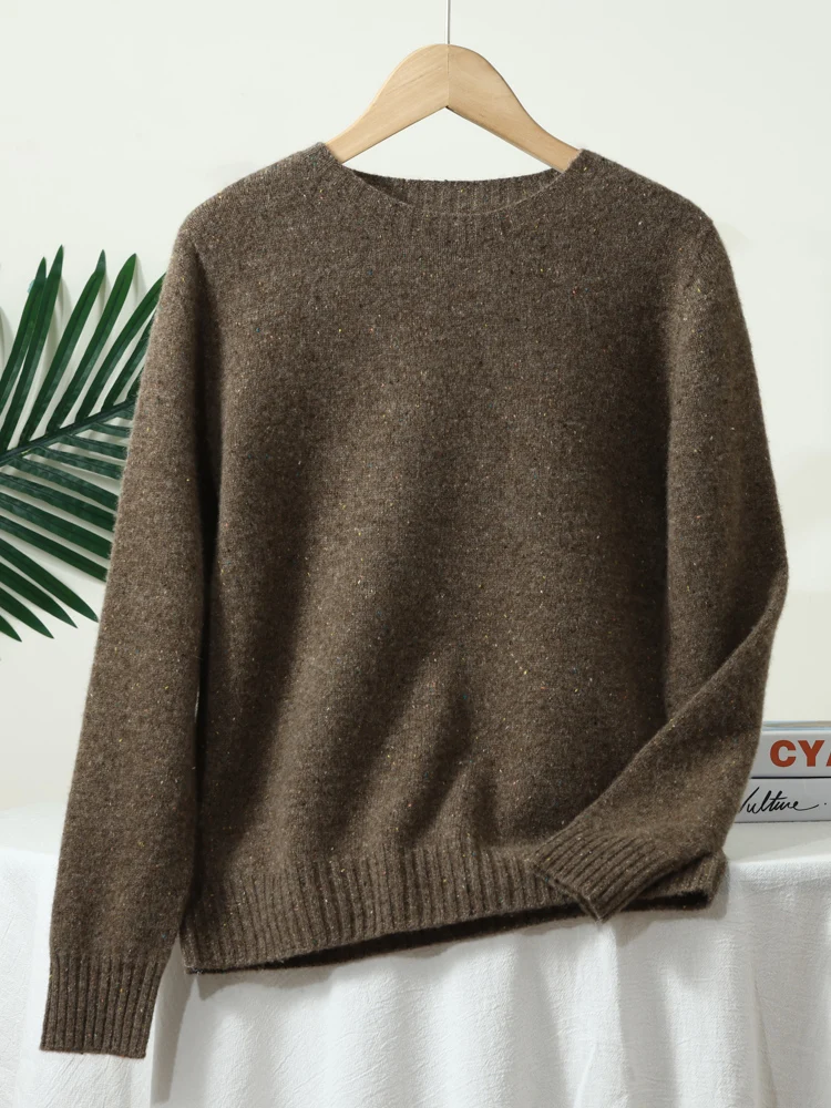 Damski sweter z wełny merino z okrągłym dekoltem Głęboka kawa