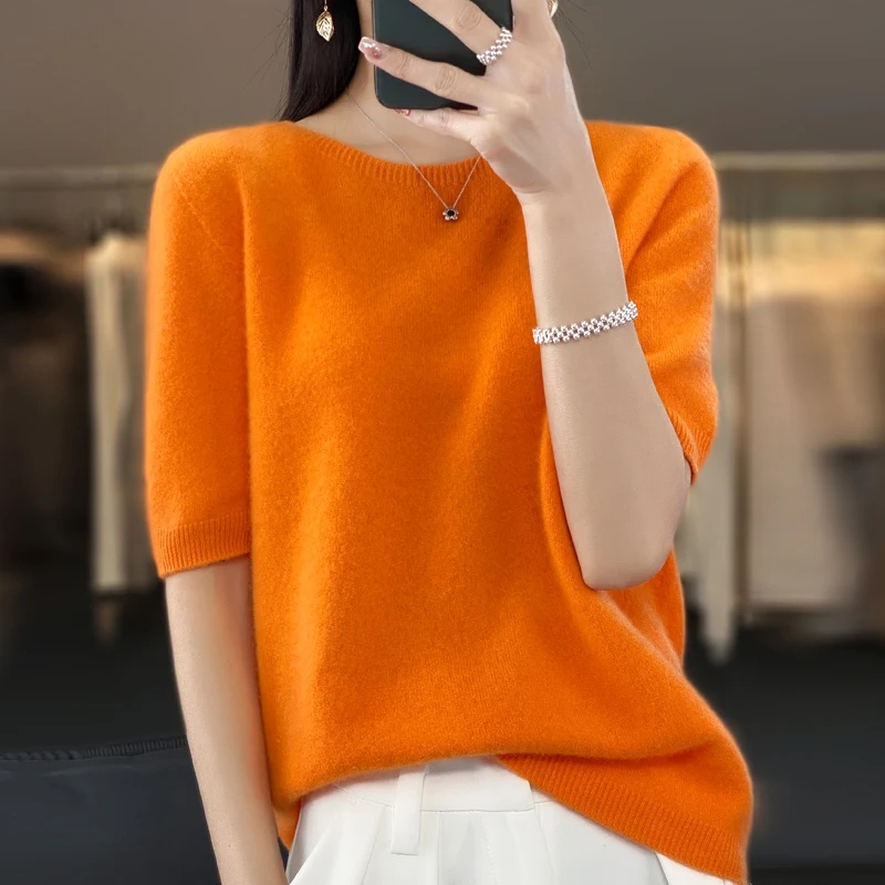 Damski sweter z wełny merino z okrągłym dekoltem Pomarańczowy