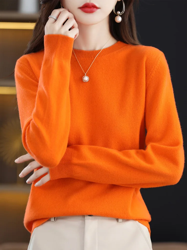 Damski sweter z wełny merino z okrągłym dekoltem Pomarańczowy